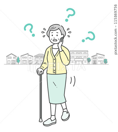 Full-body illustration of an elderly woman who is wandering around, getting lost, and feeling anxious 115869756