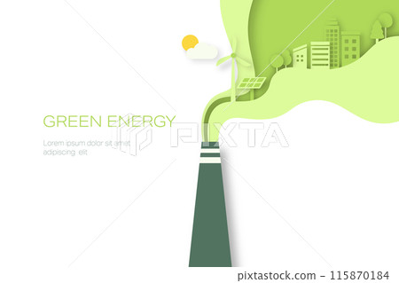 Green Industry. Pipe of factory with green eco city in the smoke. Paper art of Sustainable energy, ecology and environment concept. Minimal vector illustration. Green Industry. Pipe of factory with green eco city in the smoke. Paper art of Sustainable energy, ecology and environment concept. Minimal vector illustration. 115870184