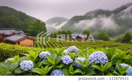 繡球花盛開的茶田（AI 生成圖像） 115870531