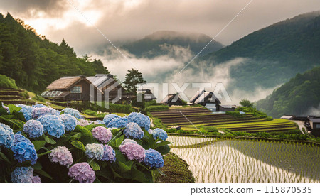 繡球花盛開的鄉村（AI 生成圖像） 115870535