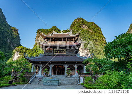 Vietnam Hanoi: A temple to visit on a boat tour of Ninh Binh, a valley river on a rowboat 115871108