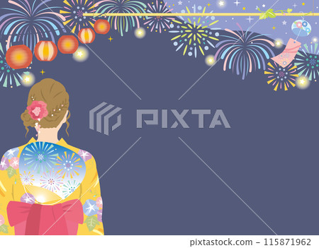 夏季節慶的背景圖片，旁邊有一位穿著浴衣的女人和煙火 115871962