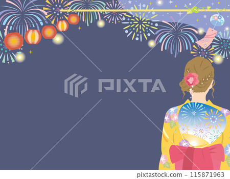 夏季節慶的背景圖片，旁邊有一位穿著浴衣的女人和煙火 115871963