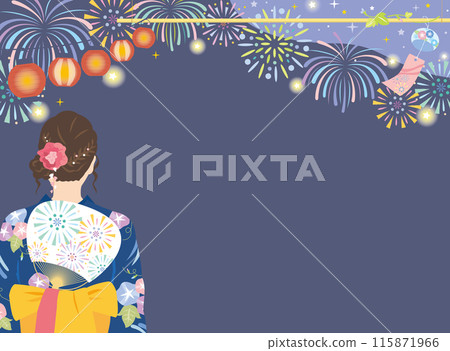 夏季節慶的背景圖片，旁邊有一位穿著浴衣的女人和煙火 115871966