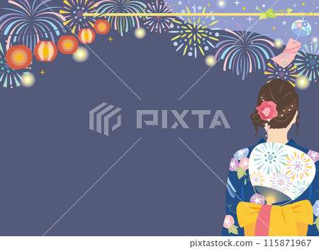 夏季節慶的背景圖片，旁邊有一位穿著浴衣的女人和煙火 115871967