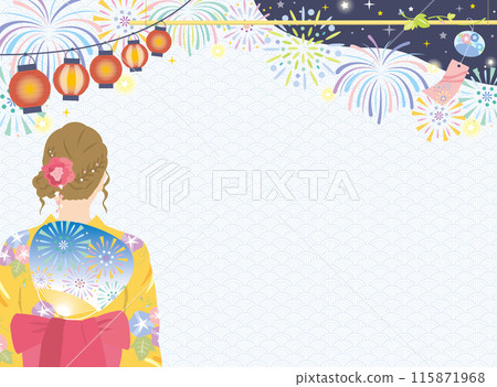 夏季節慶的背景圖片，旁邊有一位穿著浴衣的女人和煙火 115871968