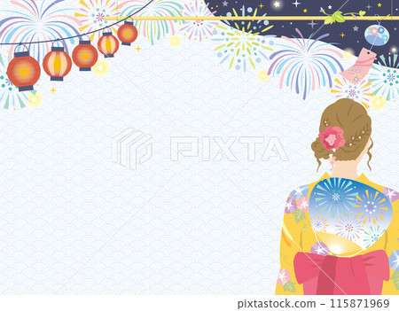 夏季節慶的背景圖片，旁邊有一位穿著浴衣的女人和煙火 115871969