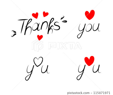 Thanks. Love you. Hand lettering with decorative elements and heart. Greetings design idea. Set of 4 115871971