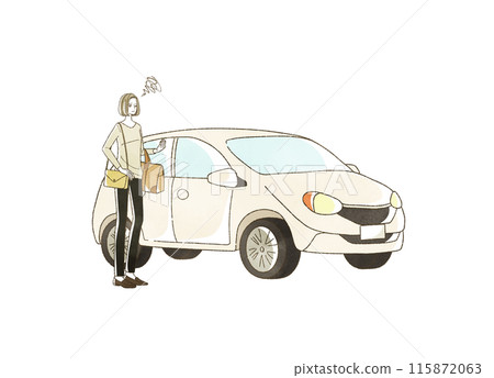 A woman traveling by car with a troubled expression A woman traveling by car with a troubled expression 115872063