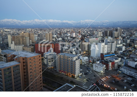 Toyama City: Tateyama mountain range seen from the City Hall Observatory 2 Toyama City: Tateyama mountain range seen from the City Hall Observatory 2 115872216