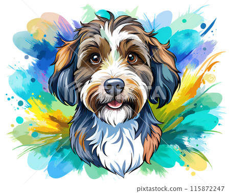 A brown and white dog stands in front of a colorful background 115872247