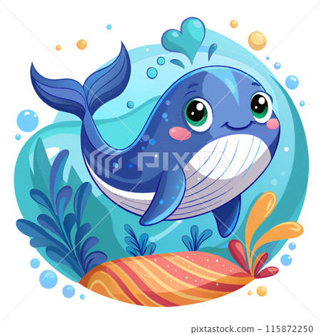 A cartoon whale swims in the sea among seaweed and bubbles A cartoon whale swims in the sea among seaweed and bubbles 115872250