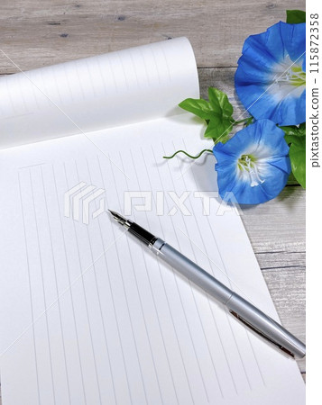 Letter paper and fountain pen, summer, seasonal greetings, morning glory, vertical position Letter paper and fountain pen, summer, seasonal greetings, morning glory, vertical position 115872358