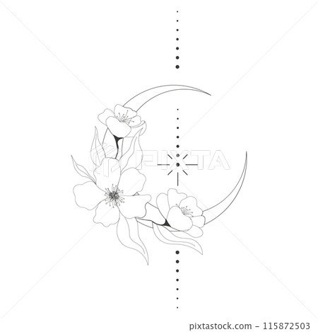 Elegant thin line moon flower contour tattoo, floral spiritual mystic element, Esoteric boho magic illustration, Line, leaves and dors decoration 115872503