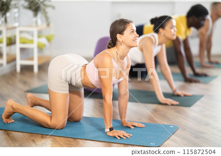 Young woman doing yoga in group in studio 115872504