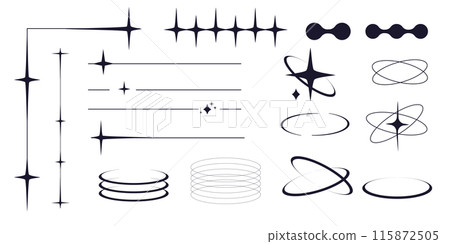 Set of y2k minimal geometric shapes thin line rings, abstract aesthetic element illustrated for banners, social media, poster design, sticker. Trendy design with frame, sparkles, star, lines Set of y2k minimal geometric shapes thin line rings, abstract aesthetic element illustrated for banners, social media, poster design, sticker. Trendy design with frame, sparkles, star, lines 115872505