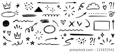Line shape marker underline, arrow, heart brush element set. Hand drawn sketch marker underline shape, arrow, heart scribble brush pen stroke element. Crown, love graphic icon. Vector 115872542