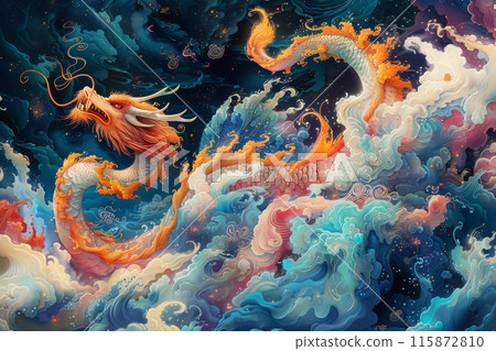 A vibrant traditional Chinese dragon weaves through an ethereal swirl of pastel-hued clouds, embodying ancient myth and art A vibrant traditional Chinese dragon weaves through an ethereal swirl of pastel-hued clouds, embodying ancient myth and art 115872810