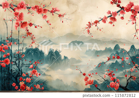 Cherry blossoms and bamboo stalks overlook tranquil, cloud-enshrouded mountain peaks in a traditional Chinese landscape tableau 115872812