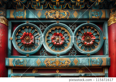 Geometric patterns inspired by ancient Chinese architecture overlaid with delicate floral motifs and intricate lattice designs 115872817