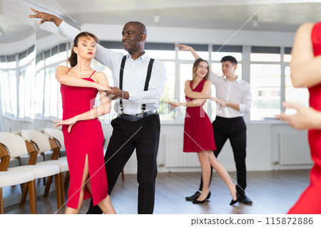 Smiling young woman and African american partner successfully perform mesmerizing movements of paso doble dance during party 115872886