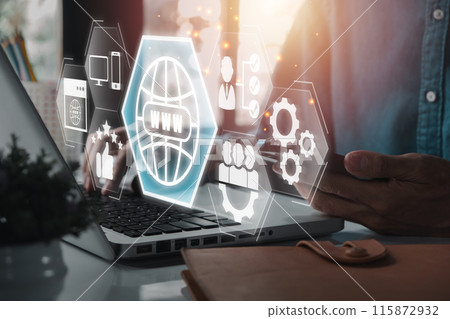 Digital Online Reputation Management Concept with Virtual Icons and Laptop in Modern Office Setting 115872932