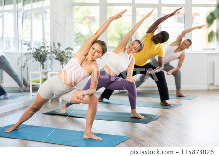 Group of men and women doing pilates in studio Group of men and women doing pilates in studio 115873026
