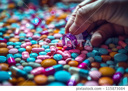 Hand choosing colorful pills, filling a vial among pharmaceuticals, healthcare and pharmacology concept 115873084
