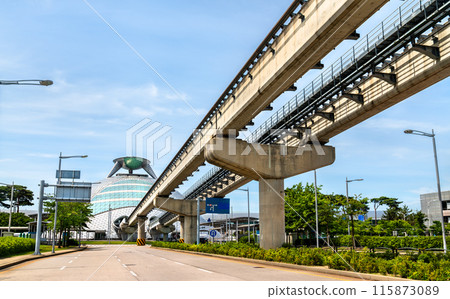 Maglev magnetic levitation train bridge at Incheon Airport near Seoul in South Korea Maglev magnetic levitation train bridge at Incheon Airport near Seoul in South Korea 115873089