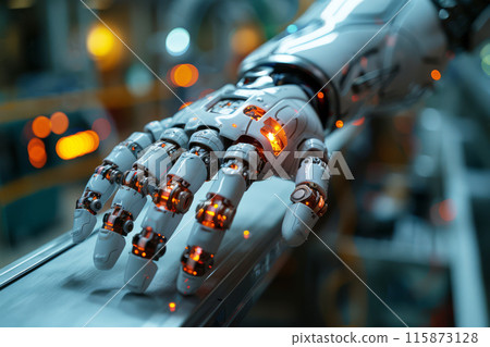 A state-of-the-art robotic hand showcasing intricate circuits and artificial joints against the backdrop of a high-tech lab 115873128