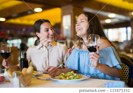 Two girls are discussing something fun at a table in restaurant Two girls are discussing something fun at a table in restaurant 115873332
