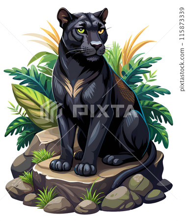 A black panther is sitting on a large rock surrounded by lush jungle vegetation 115873339