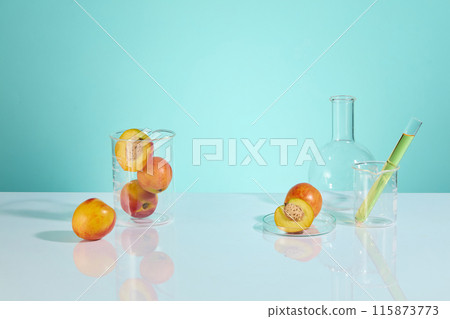 Fresh peach ingredient contained in beaker and petri dish, which placed on the white table top, beside it is boiling flask and test tube. Copy space for adding text, front angle 115873773