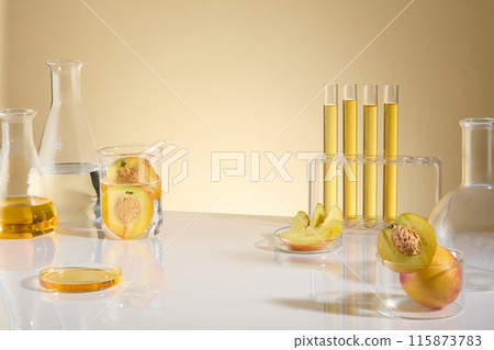 High angle shot at a laboratory countertop with several laboratory items arranged on. Blank space for product presentation and adding text, against the yellow texture 115873783