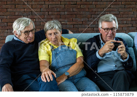 Elderly friends are having fun with modern technology in the comfort of their home 115873879