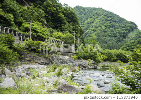 The Kinugawa River flowing through the mountains 115873940