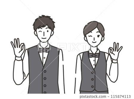 Illustration of a waiter and waitress in an okay pose Illustration of a waiter and waitress in an okay pose 115874113