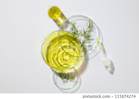 View from above of three petri dishes with different size displayed on white background. A small beaker of yellow liquid featured. Concept of research and analysis in the laboratory View from above of three petri dishes with different size displayed on white background. A small beaker of yellow liquid featured. Concept of research and analysis in the laboratory 115874274