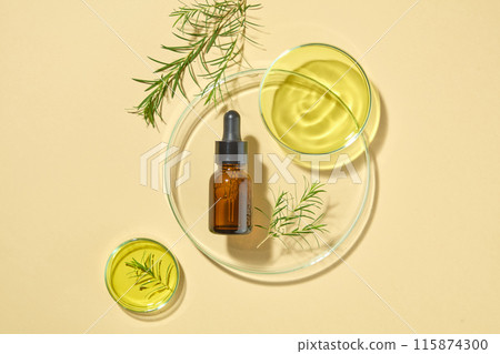 A branch of tea tree leaves and a glass serum bottle placed inside a large petri dish. Two small petri dish filled with yellow liquid. Research production of cosmetics A branch of tea tree leaves and a glass serum bottle placed inside a large petri dish. Two small petri dish filled with yellow liquid. Research production of cosmetics 115874300
