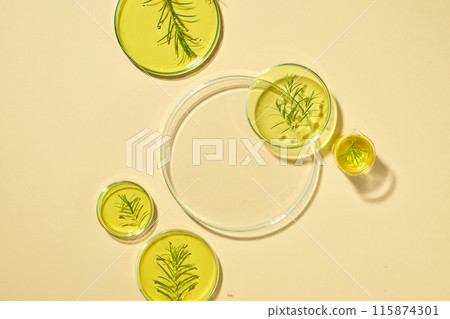 A petri dish with blank space decorated with other petri dishes and a beaker with tea tree oil filled inside. Tea tree oil is a known antibacterial, antifungal, and anti-oxidant 115874301