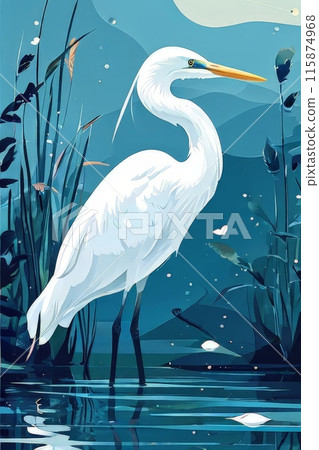 Snowy Egret, Egretta thula, in the coast habitat. Heron with sun in the morning 115874968