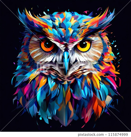 Abstract, colorful, neon portrait of a owl head on a black background 115874999