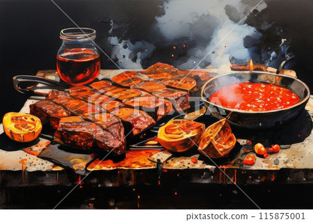 grilled barbeque with melted barbeque sauce and cut vegetable 115875001
