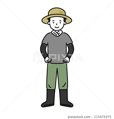 Illustration of a young male farmer standing with his hands on his hips Illustration of a young male farmer standing with his hands on his hips 115875075
