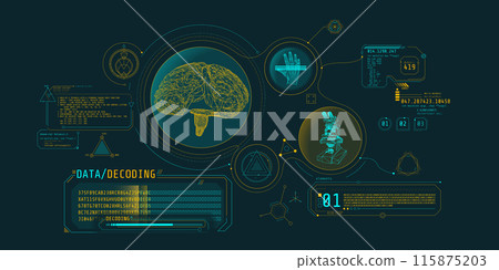 Brain research futuristic interface screen with data decoding. Brain research futuristic interface screen with data decoding. 115875203