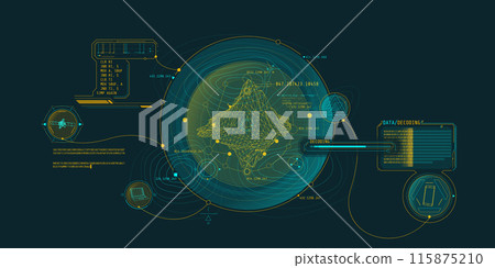 Futuristic geoscience HUD interface design with data decoding. 115875210