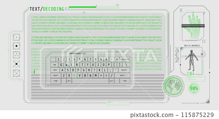 Data entry and text decoding on futuristic interface screen. 115875229