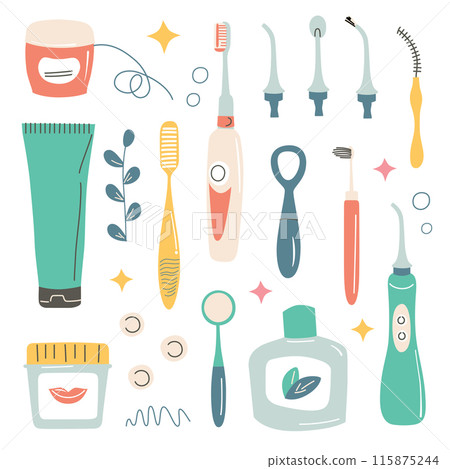 Vector illustration set of dental hygiene tools. Collection with toothbrush, toothpaste, floss, mouthwash. Cute style, flat design. Oral health, teeth care and cleaning. Essential dental accessories 115875244