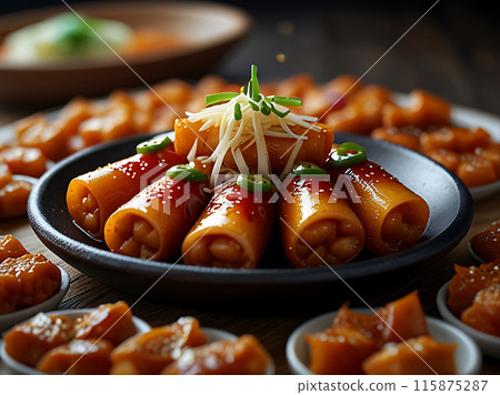 Tteokbokki, a sticky rice snack boiled with spicy sauce. Tteokbokki, a sticky rice snack boiled with spicy sauce. 115875287