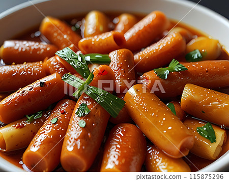 Tteokbokki, a sticky rice snack boiled with spicy sauce. Tteokbokki, a sticky rice snack boiled with spicy sauce. 115875296